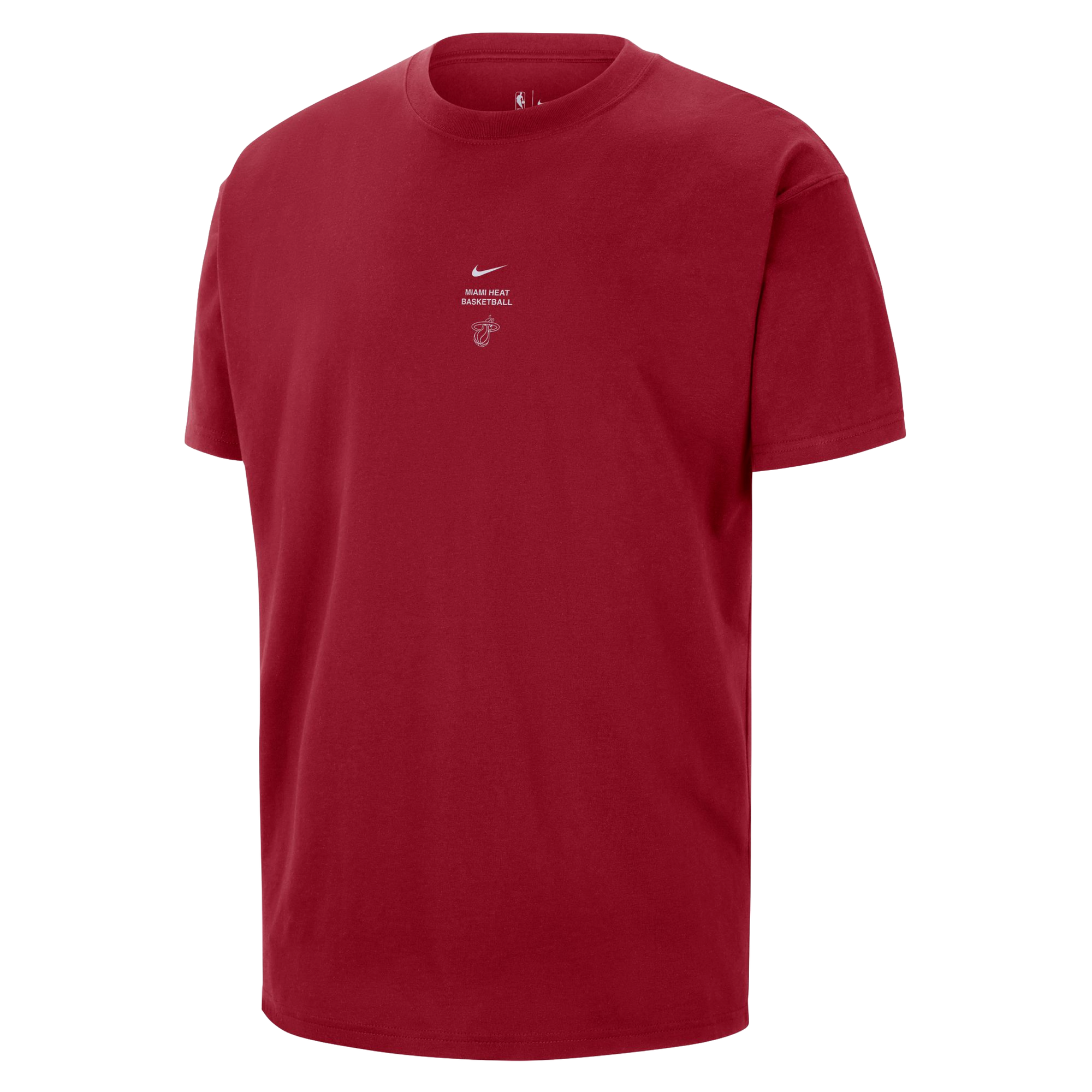 A Nike Miami HEAT 2026-27 Red Practice Tee made from cotton, featuring short sleeves and a small white Nike logo with text on the chest, is photographed against a white background. This standard fit tee combines classic comfort with timeless style.