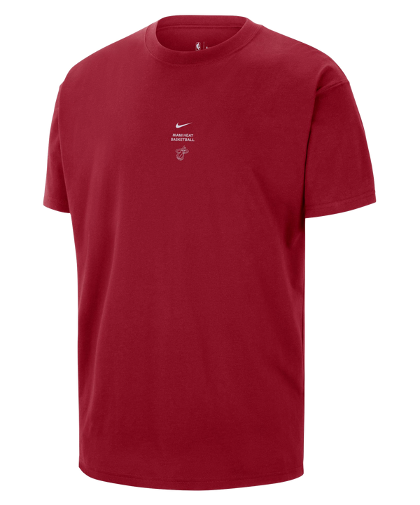 A Nike Miami HEAT 2026-27 Red Practice Tee made from cotton, featuring short sleeves and a small white Nike logo with text on the chest, is photographed against a white background. This standard fit tee combines classic comfort with timeless style.