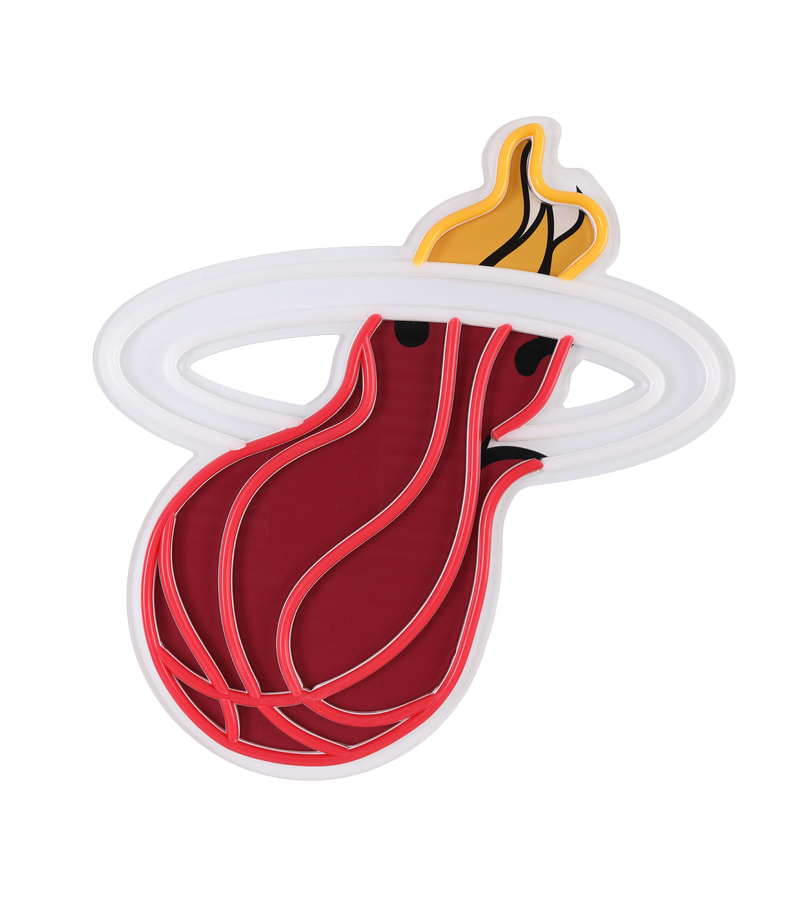 The Miami HEAT Logo LED Neon Sign by Forever Collectibles features a stylized red basketball with black lines and flames passing through a white ring—an ideal team logo sign for your fan cave decor.