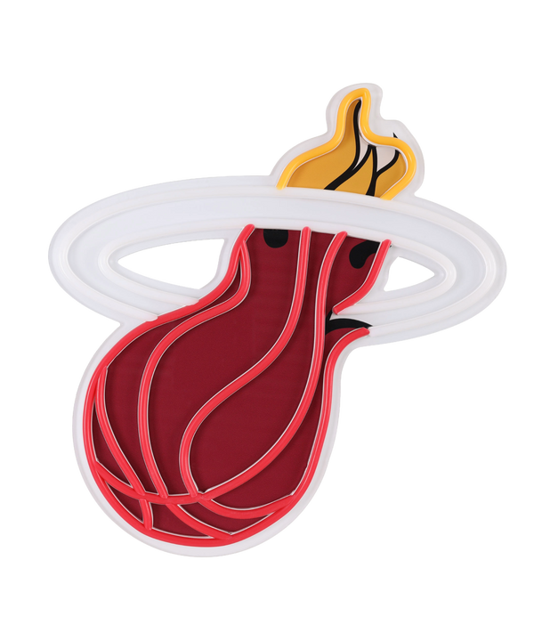 The Miami HEAT Logo LED Neon Sign by Forever Collectibles features a stylized red basketball with black lines and flames passing through a white ring—an ideal team logo sign for your fan cave decor.