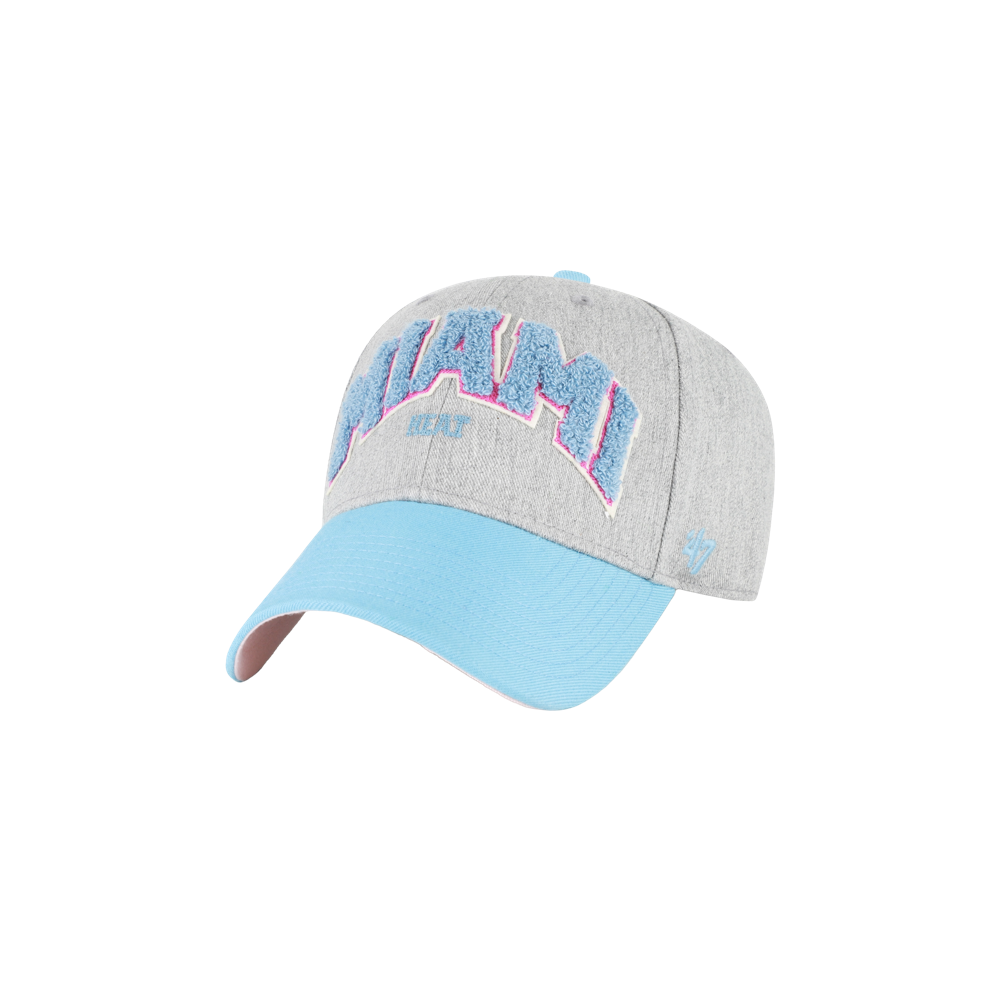 The '47 Brand Miami HEAT Original Vice Nights MVP Dad Hat features a gray cotton front with “MIAMI” in blue and pink, a light blue curved brim, acrylic back panel, side logo, and an adjustable fit. One size fits most.