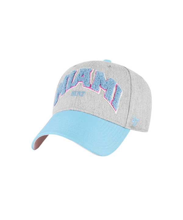 The '47 Brand Miami HEAT Original Vice Nights MVP Dad Hat features a gray cotton front with “MIAMI” in blue and pink, a light blue curved brim, acrylic back panel, side logo, and an adjustable fit. One size fits most.
