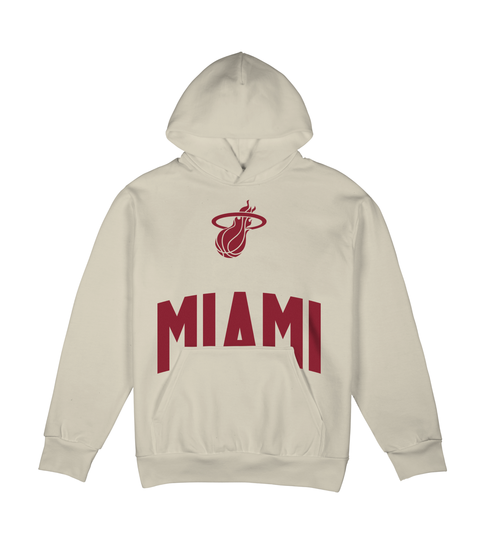 The Stadium Essentials Miami HEAT Surrender Hoodie is cream-colored, standard fit, with the Heat logo above bold red 