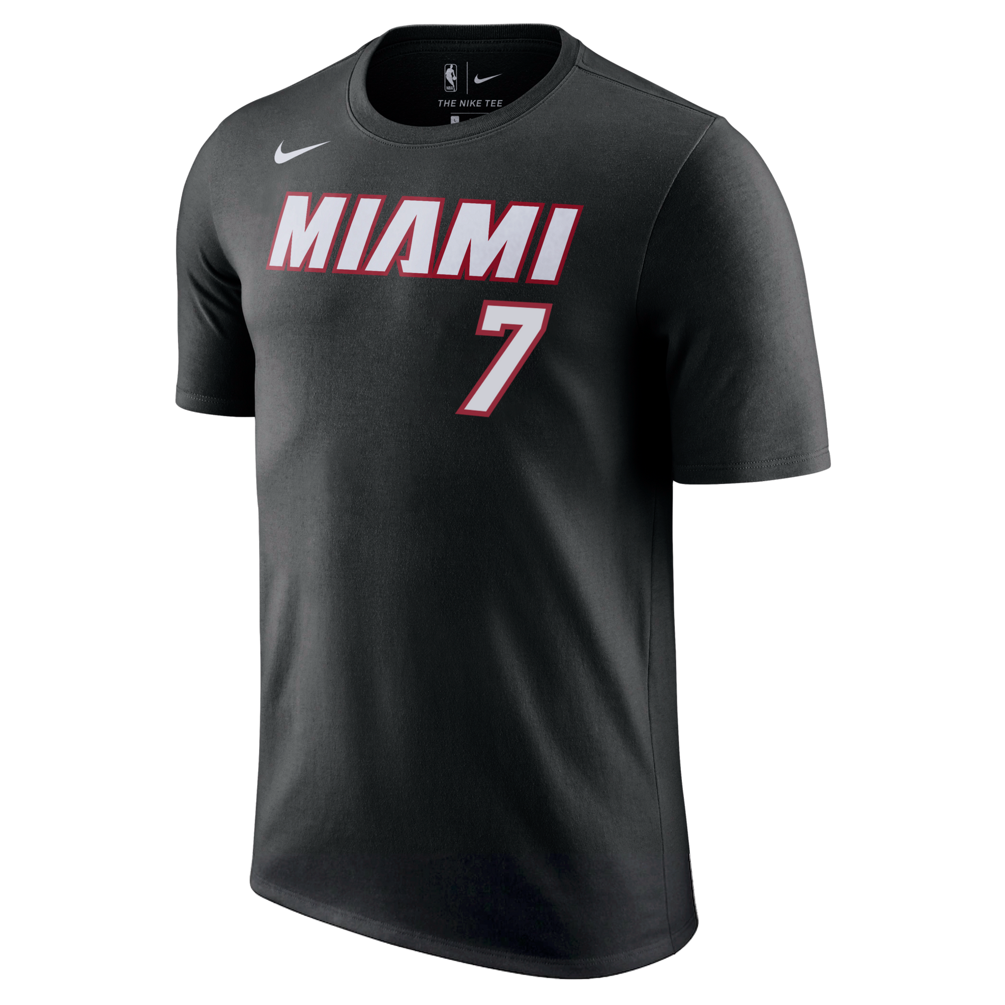 Introducing the Giannis Antetokounmpo Nike Miami HEAT Icon Black Name & Number Tee: this black T-shirt features bold “MIAMI” lettering in white and red with the number 7 displayed below. The Nike and NBA logos are visible near the collar, all set against a plain background. Made from 100% cotton for ultimate comfort, this official Nike tee is now available for pre-order.
