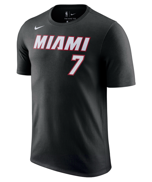 Introducing the Giannis Antetokounmpo Nike Miami HEAT Icon Black Name & Number Tee: this black T-shirt features bold “MIAMI” lettering in white and red with the number 7 displayed below. The Nike and NBA logos are visible near the collar, all set against a plain background. Made from 100% cotton for ultimate comfort, this official Nike tee is now available for pre-order.