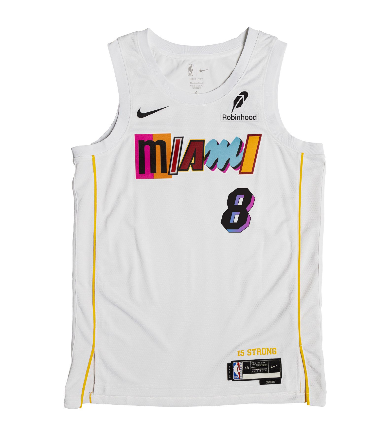 White Nick Richards Nike Miami Mashup Vol. 2 Swingman Jersey with MIAMI in multicolored lettering across the chest, the number 8 below it, and 15 STRONG printed above the jock tag.