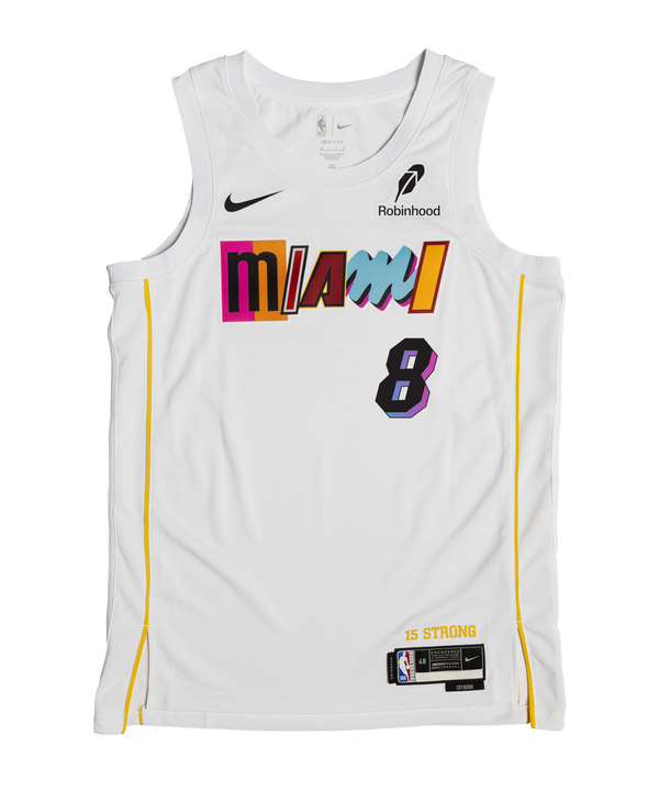 White Nick Richards Nike Miami Mashup Vol. 2 Swingman Jersey with MIAMI in multicolored lettering across the chest, the number 8 below it, and 15 STRONG printed above the jock tag.
