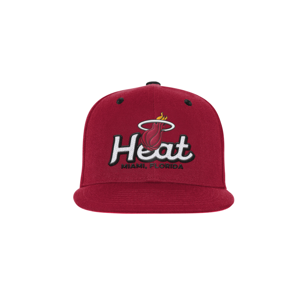 The Outerstuff Miami HEAT Red Script Youth Snapback features the Miami Heat logo and 