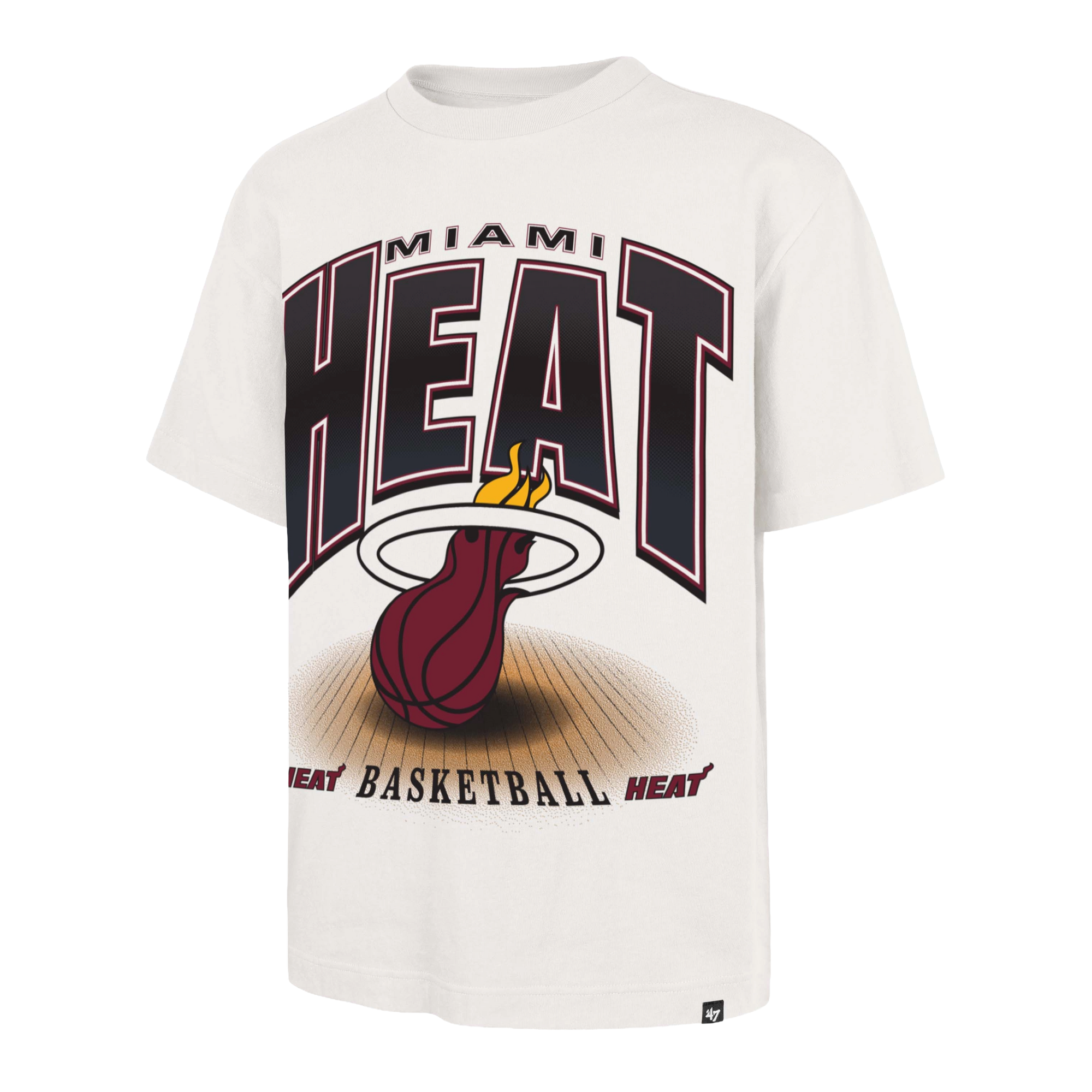 The ’47 Brand Miami HEAT Flex Foundation Tee is an ivory white T-shirt showcasing a large Miami Heat logo with a flaming basketball soaring through a hoop, and bold red and black “HEAT BASKETBALL” lettering. Made from 100% cotton for superior comfort, this tee is designed in a standard fit.