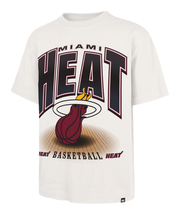 The ’47 Brand Miami HEAT Flex Foundation Tee is an ivory white T-shirt showcasing a large Miami Heat logo with a flaming basketball soaring through a hoop, and bold red and black “HEAT BASKETBALL” lettering. Made from 100% cotton for superior comfort, this tee is designed in a standard fit.