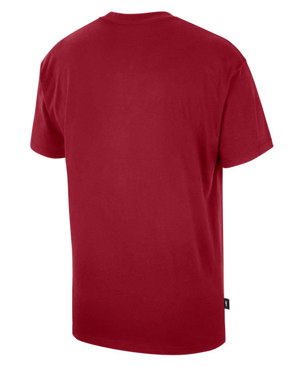 A Nike Miami HEAT 2026-27 Red Practice Tee made from cotton, featuring short sleeves and a small white Nike logo with text on the chest, is photographed against a white background. This standard fit tee combines classic comfort with timeless style.