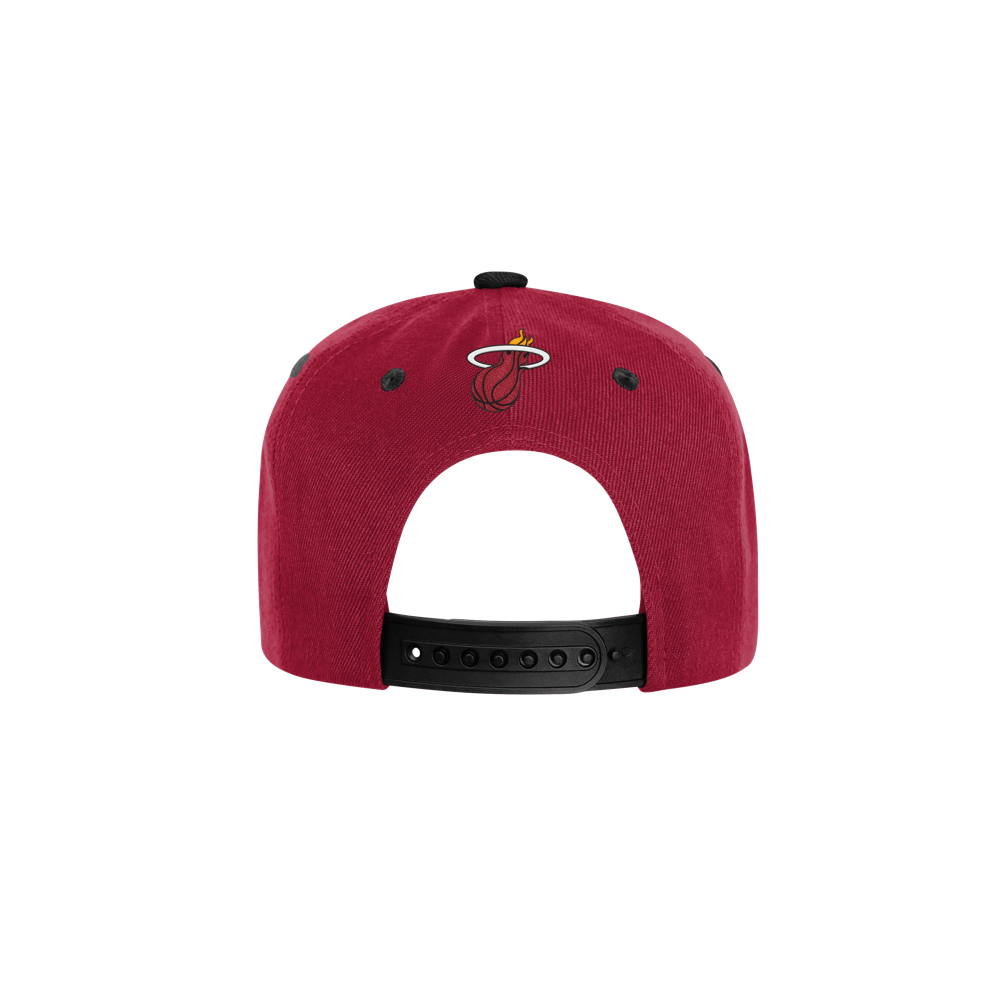 Back view of the Miami HEAT Red Script Youth Snapback by Outerstuff in red polyester, featuring the team logo above an adjustable black strap. One size fits most. Shown on a white background. Spot clean only.
