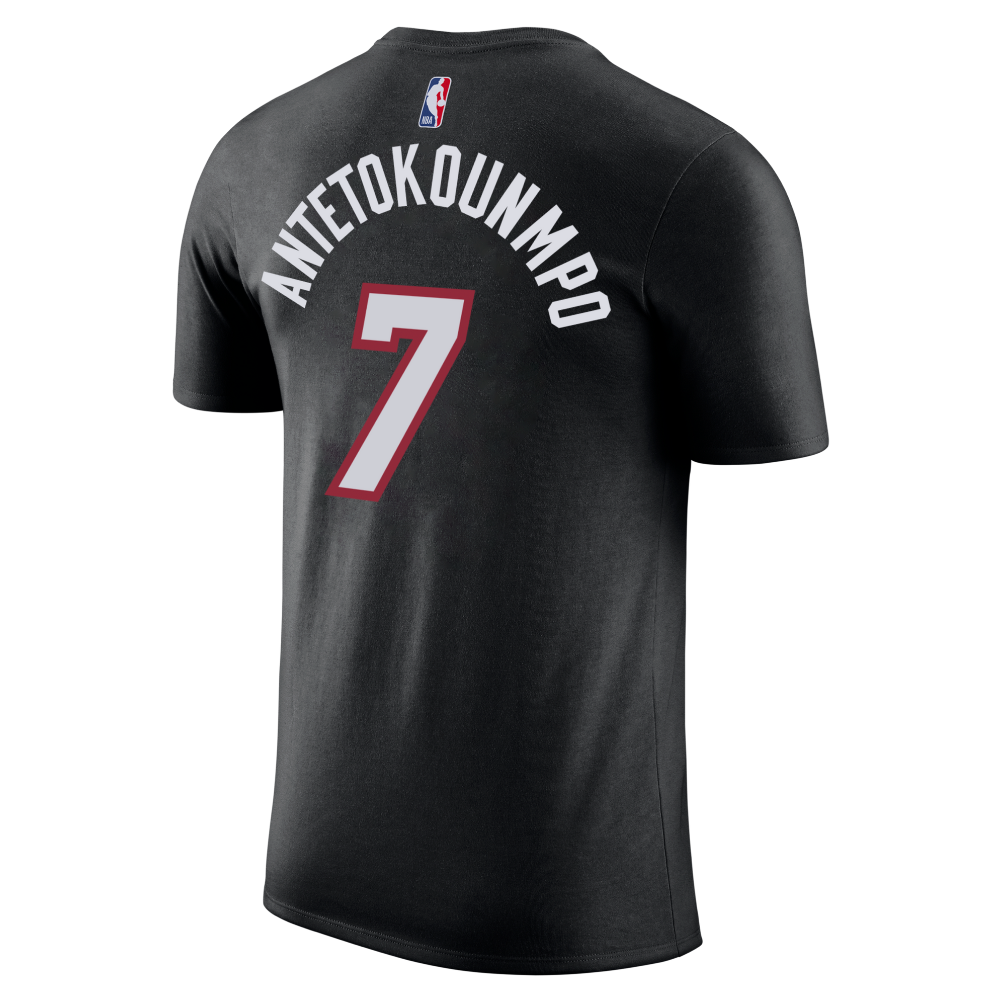 Back view of the Nike Giannis Antetokounmpo Miami HEAT Icon Black Name & Number Tee, showcasing 