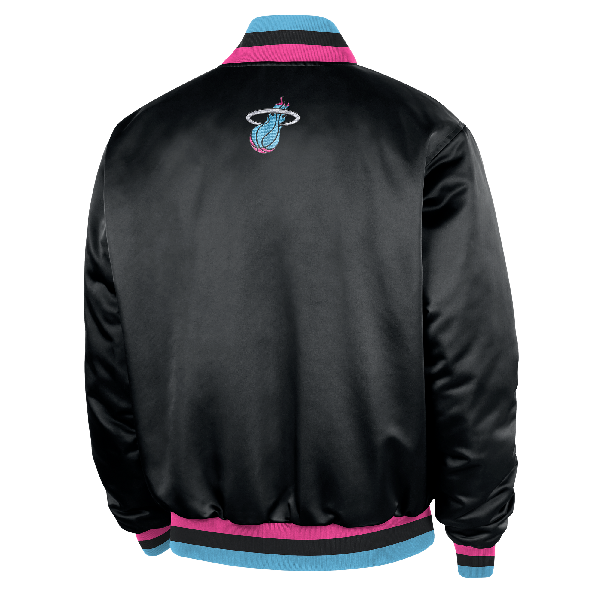 The Nike Miami HEAT Original Vice Nights Bomber Jacket is a black satin polyester varsity jacket with blue and pink striped cuffs, collar, and hem. The Miami Heat logo in blue, pink, and white is centered on the back. Synthetic fill adds extra warmth.