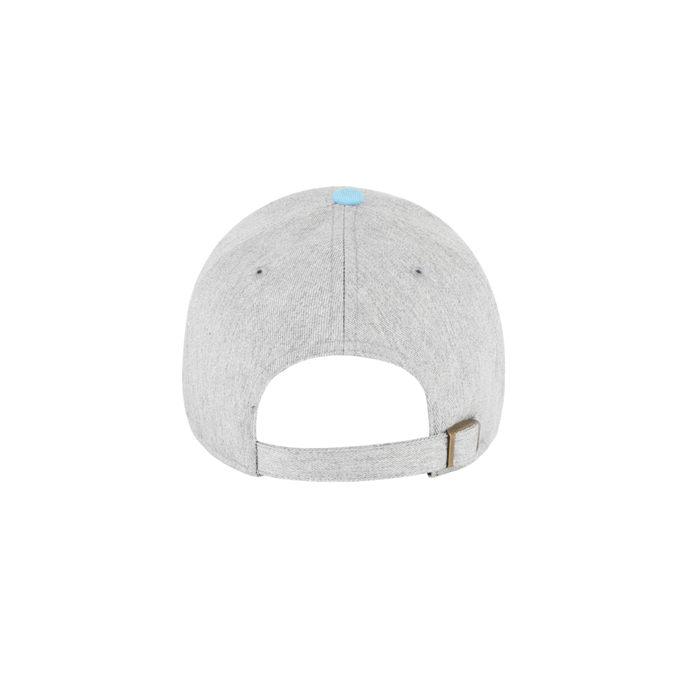 The '47 Brand Miami HEAT Original Vice Nights MVP Dad Hat, shown from the back on a plain white background, has a light gray look, adjustable strap with metal clasp, blue top button, cotton front panel, acrylic back panel, and fits most.