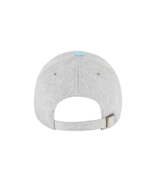 The '47 Brand Miami HEAT Original Vice Nights MVP Dad Hat features a gray cotton front with “MIAMI” in blue and pink, a light blue curved brim, acrylic back panel, side logo, and an adjustable fit. One size fits most.