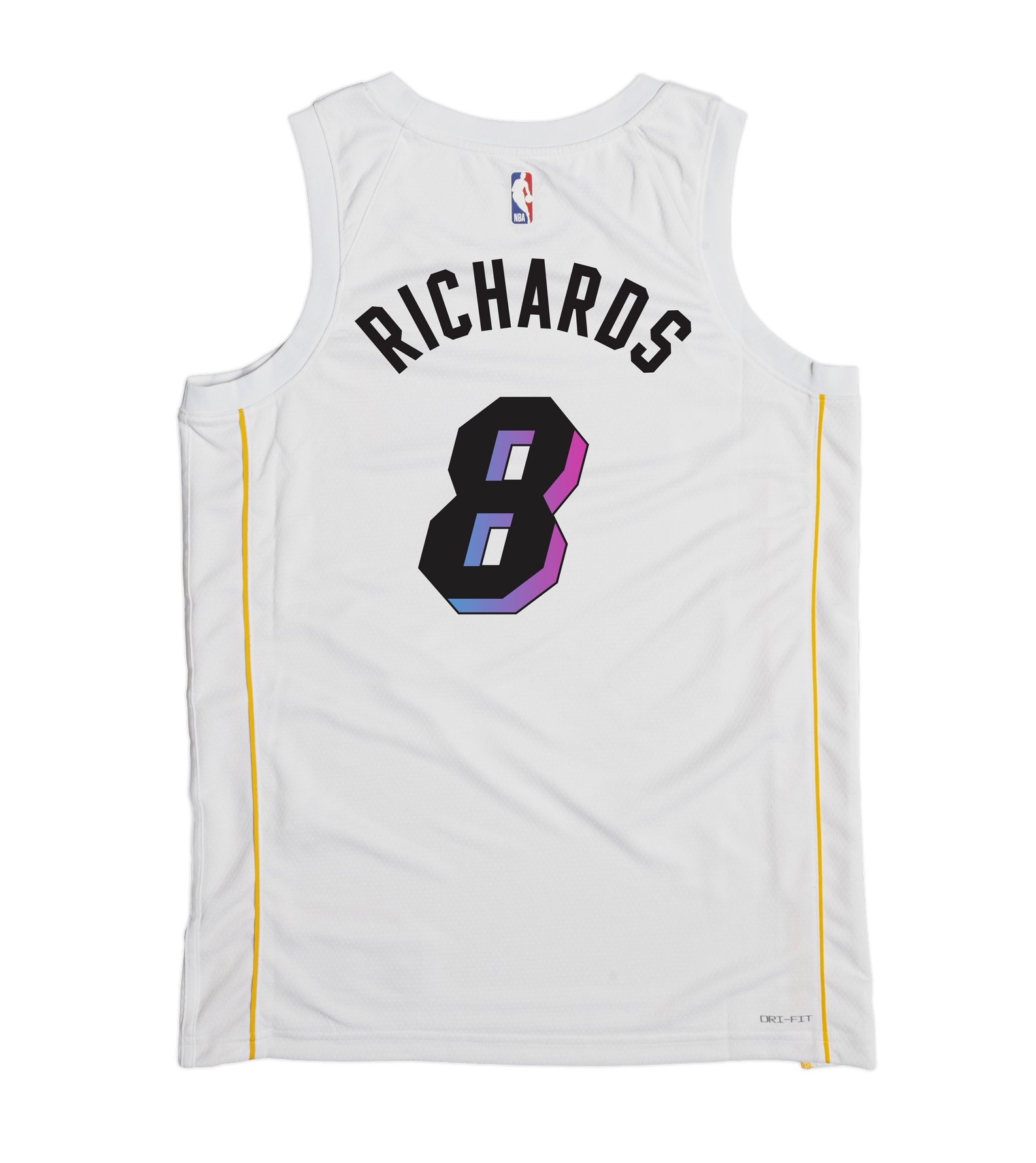 Back of a white Nick Richards Nike Miami Mashup Vol. 2 Swingman Jersey featuring RICHARDS and the number 8 in black and purple lettering.