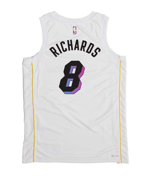 White Nick Richards Nike Miami Mashup Vol. 2 Swingman Jersey with MIAMI in multicolored lettering across the chest, the number 8 below it, and 15 STRONG printed above the jock tag.