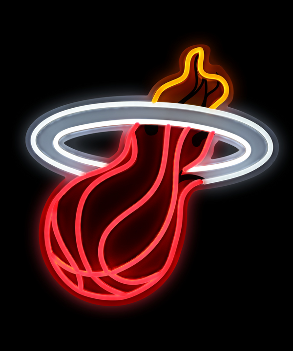 The Miami HEAT Logo LED Neon Sign by Forever Collectibles features a stylized red basketball with black lines and flames passing through a white ring—an ideal team logo sign for your fan cave decor.