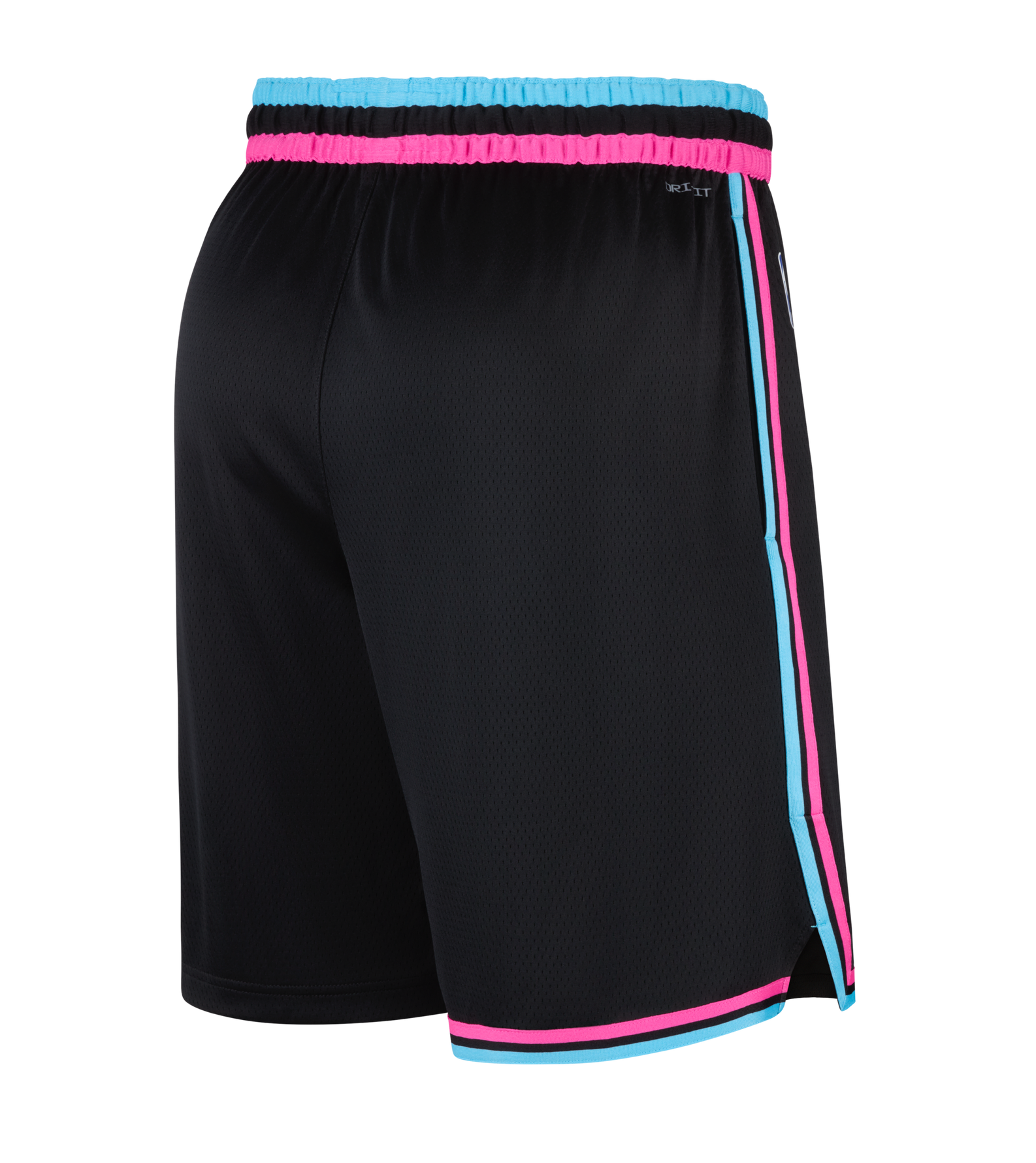Nike Miami HEAT Original Vice Nights Swingman Shorts by Nike feature a loose fit, black body, blue and pink waistband, blue and pink side stripes, and pink trim. Made from polyester standard fit fabric; displayed against a white background.