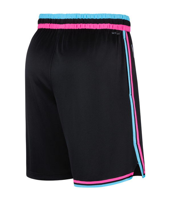 The Nike Miami HEAT Original Vice Nights Swingman Shorts feature black polyester with blue and pink trim, the Miami Heat logo on one leg, Nike logo on the other, and an MH waistband. Standard fit; wash with like colors.