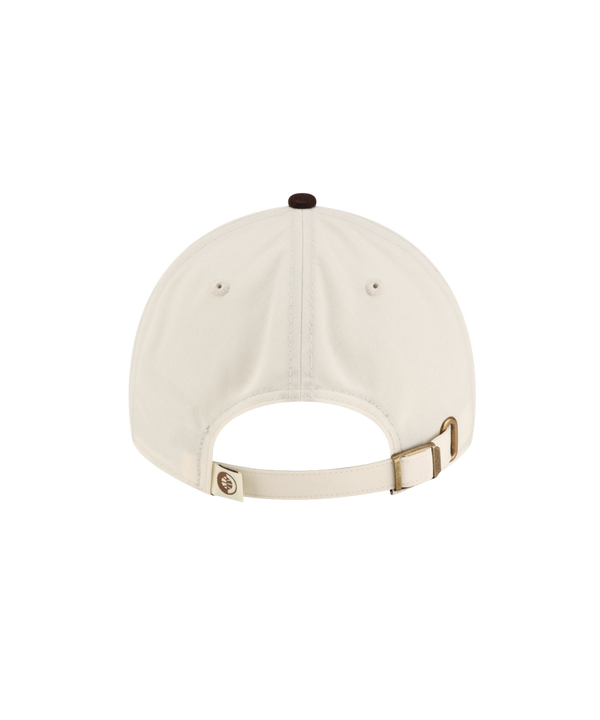 Off-white polyester Court Culture x New Era Café y Leche Dad Cap with a dark brown visor and a brown Miami Heat logo embroidered on the front, in a one size fits most design.
