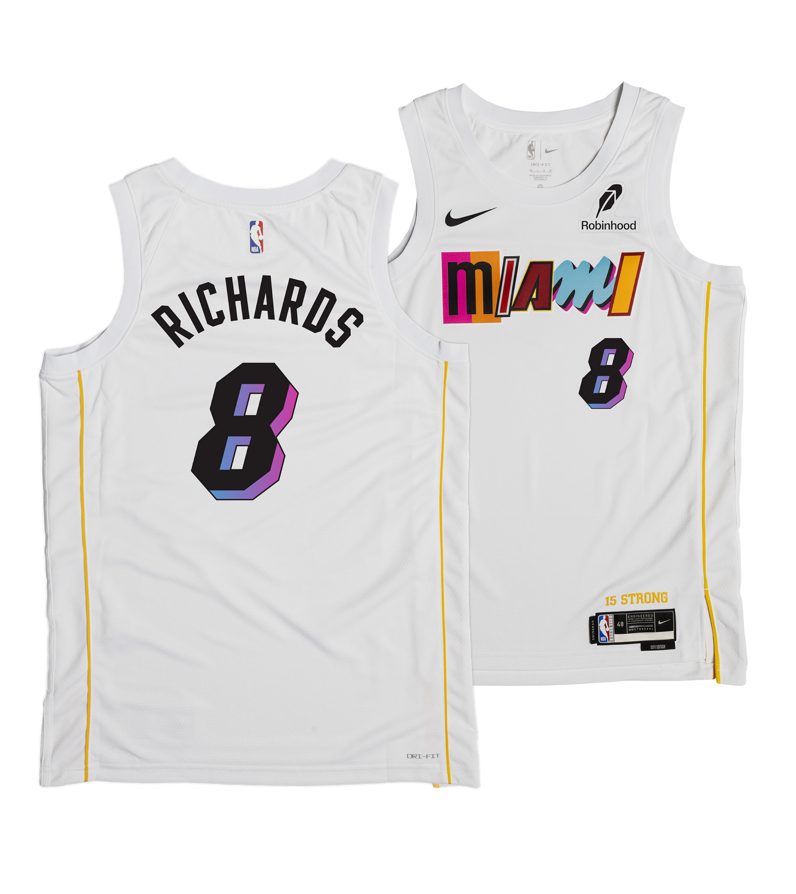 Front and back view of a white Nick Richards Nike Miami Mashup Vol. 2 Swingman Jersey, featuring MIAMI across the chest, the number 8, and the name RICHARDS on the back in a tailored fit.