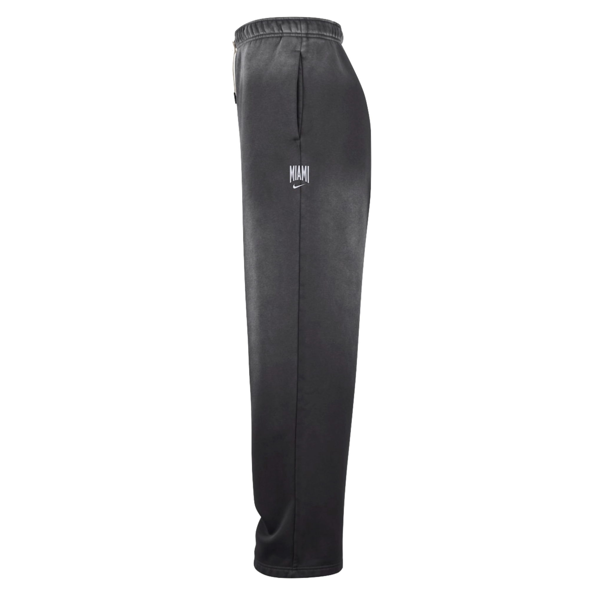 Nike Miami HEAT Standard Issue Washed Pants for men in black, showcasing an elastic waistband, side pockets, and “MIAMI” alongside a small white Nike Swoosh logo printed on the upper thigh. These Nike sweatpants are shown from a side view against a white background.