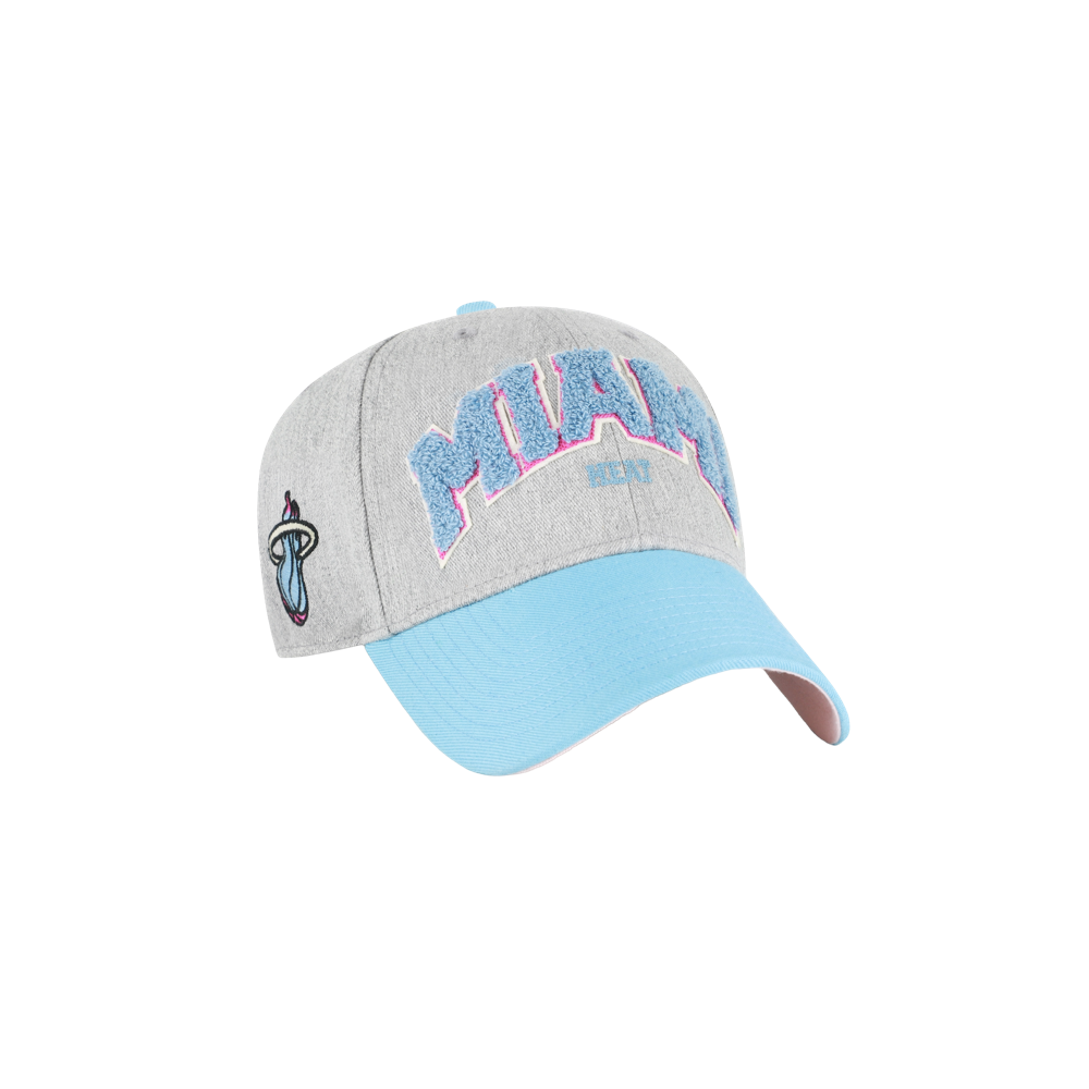 The '47 Brand Miami HEAT Original Vice Nights MVP Dad Hat features a gray cotton front with MIAMI in large blue and pink letters, a small Heat flame logo on the side, and a light blue curved brim.