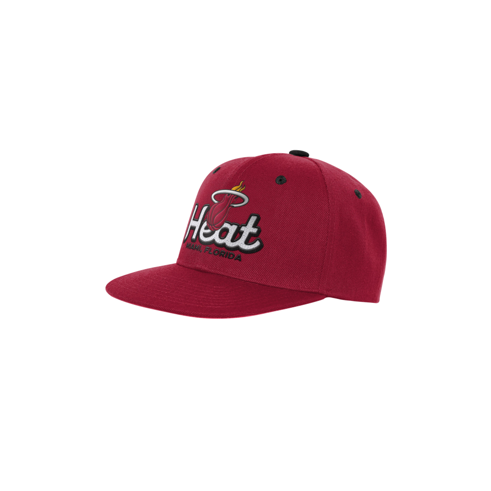The Outerstuff Miami HEAT Red Script Youth Snapback features the Miami Heat logo and “Heat” and “Miami, Florida” embroidered in white and black on the red polyester front. This one-size-fits-most cap is displayed on a plain white background.