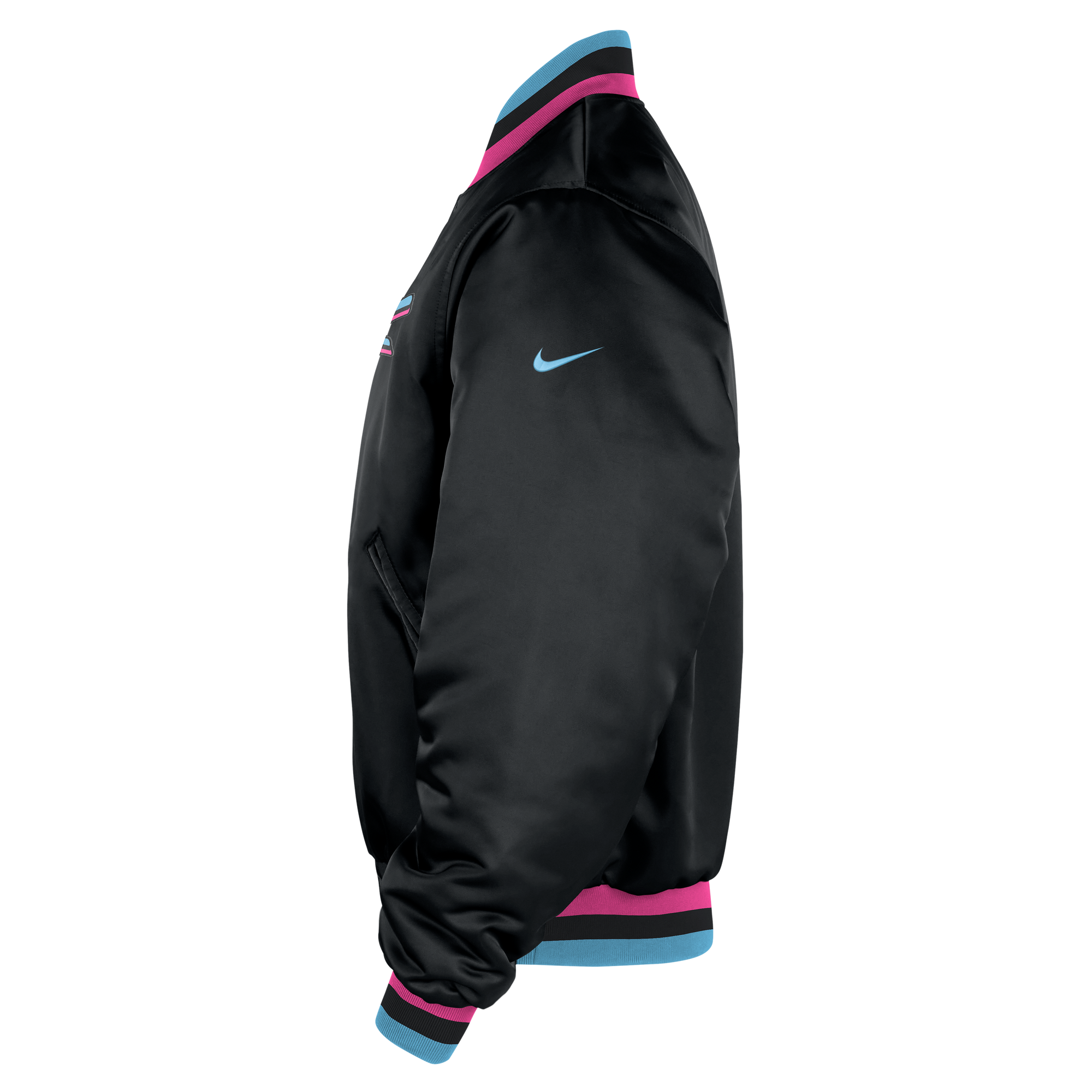 The Nike Miami HEAT Original Vice Nights Bomber Jacket features black satin, blue and pink accents at the collar, cuffs, and hem, a light blue Swoosh on the sleeve, and insulated polyester for warmth and style.