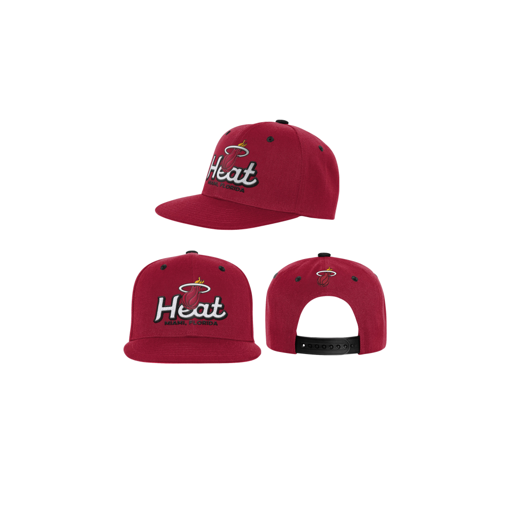 The Outerstuff Miami HEAT Red Script Youth Snapback is a red polyester hat shown from three angles, featuring the team logo and name embroidered on the front, an adjustable black strap at the back, and is one size fits most. Spot clean recommended.