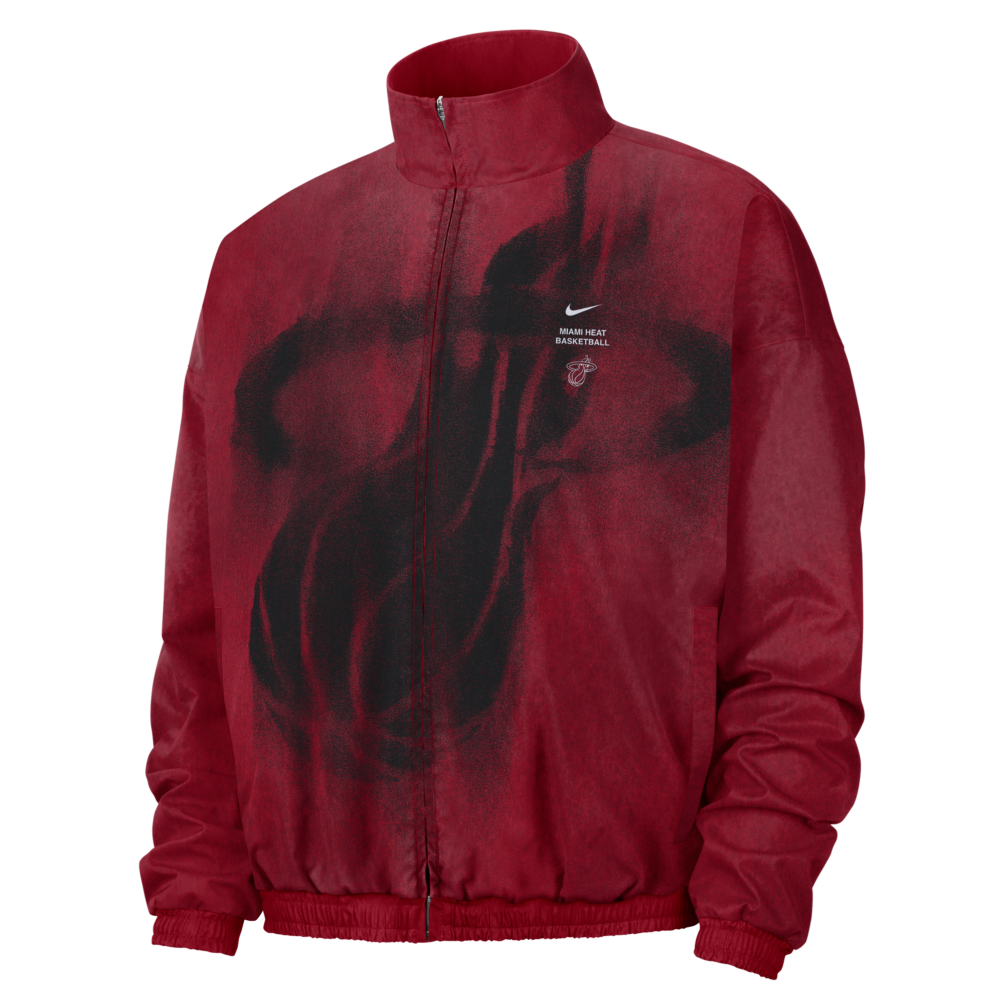 Red, loose-fit Nike Miami HEAT Standard Issue Loud Woven Jacket with a full-zip closure and a black spray-paint-style team logo on the chest, including a small logo, swoosh, and MIAMI HEAT BASKETBALL text.