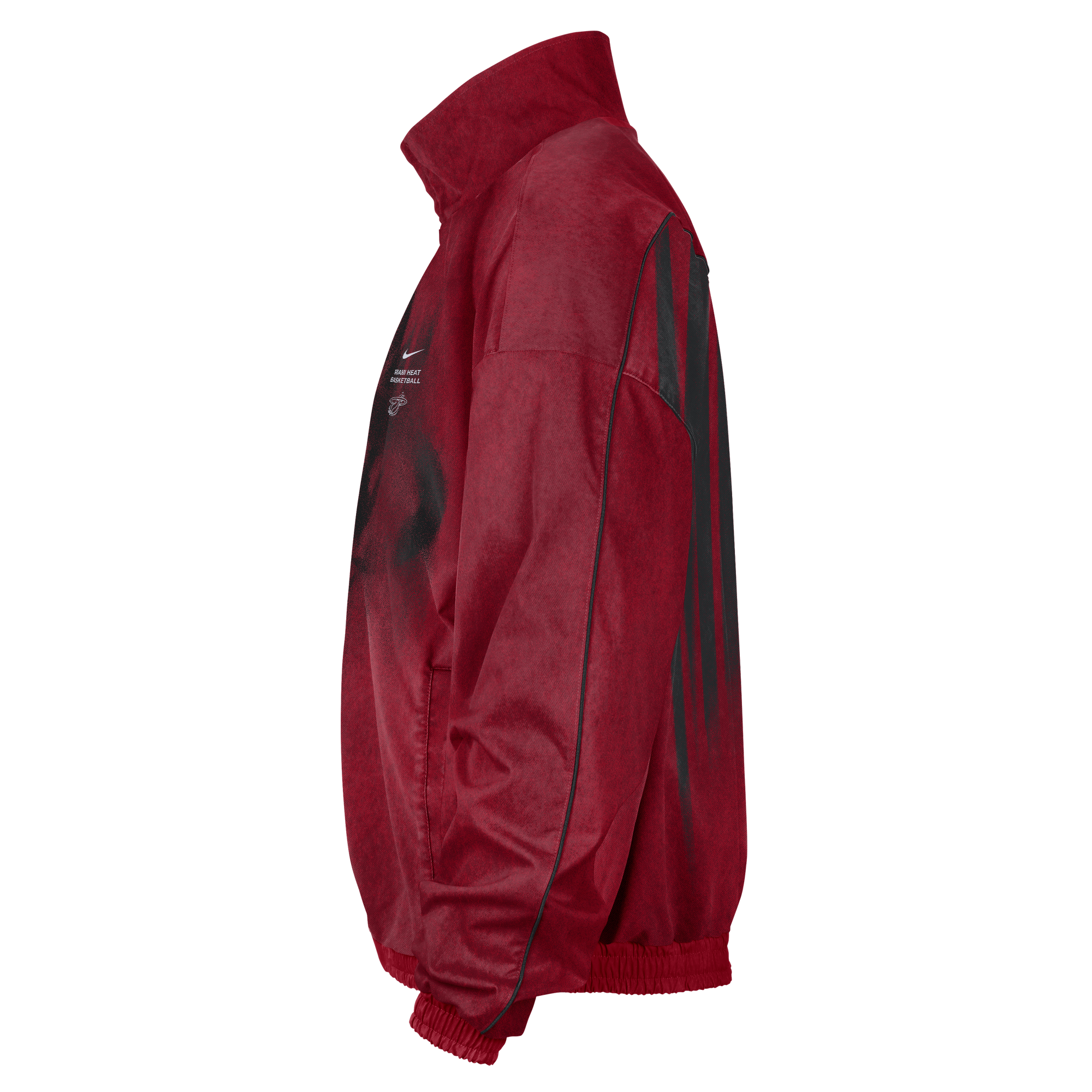 Side view of a red, loose-fit Nike Miami HEAT Standard Issue Loud Woven Jacket with a high collar, zip-up front, black accents, and a small graphic on the chest.