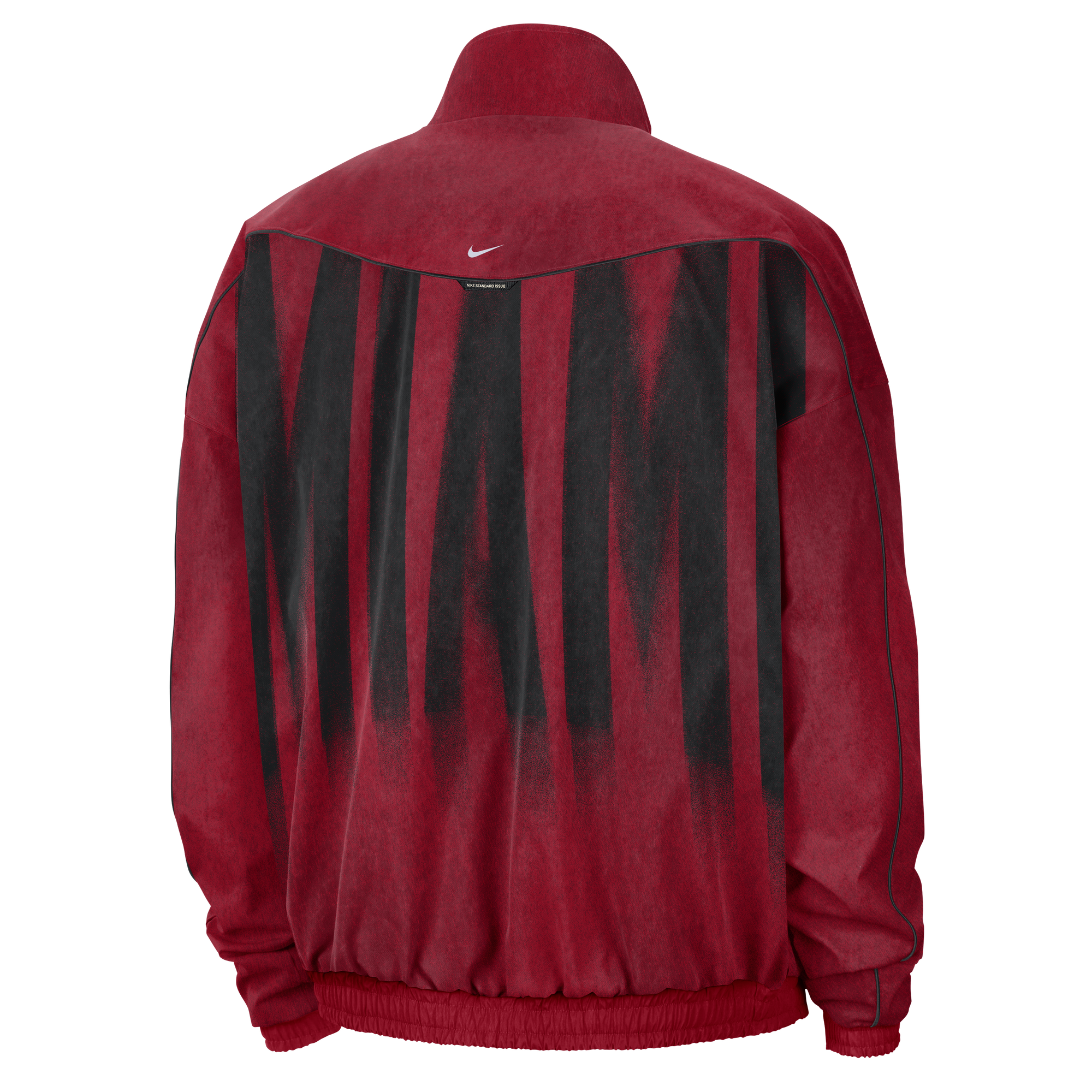 Back view of a red, collared, loose fit Nike Miami HEAT Standard Issue Loud Woven Jacket with black vertical MIAMI lettering across the back and a small white logo at the collar.