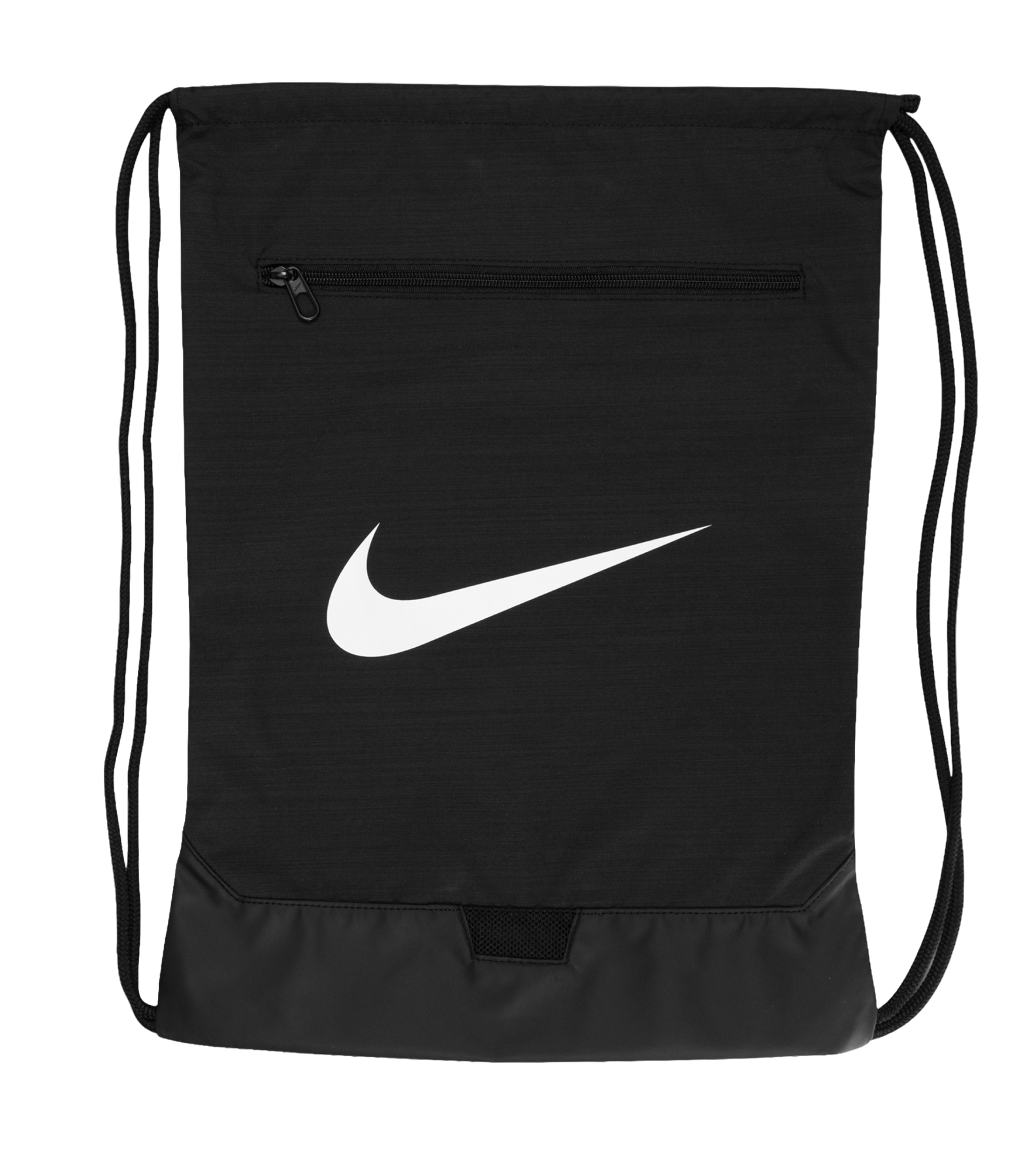 The Nike Miami HEAT Original Vice Nights Drawstring Bag features a white Nike swoosh, zippered front pocket, and thin black shoulder cords. Made from recycled polyester, it's a sleek and eco-friendly choice.