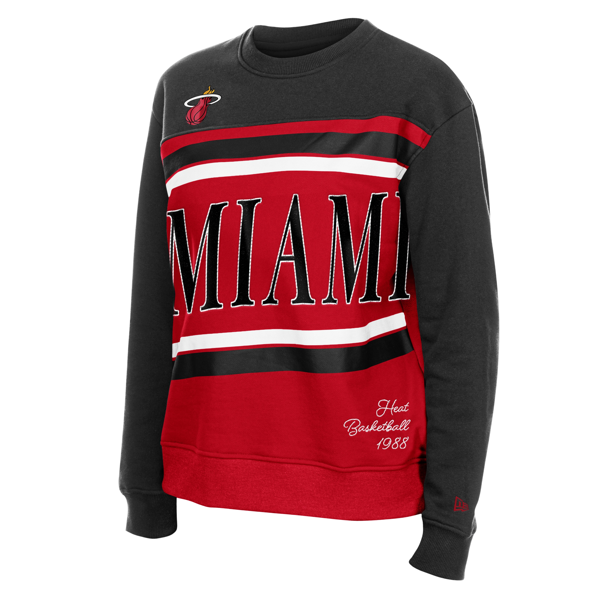 The New Era Miami HEAT Women's Color Block Crewneck features bold MIAMI text, team logo on the shoulder, white and red stripes, Heat Basketball 1988 embroidery, and a soft cotton-polyester blend for a standard fit.