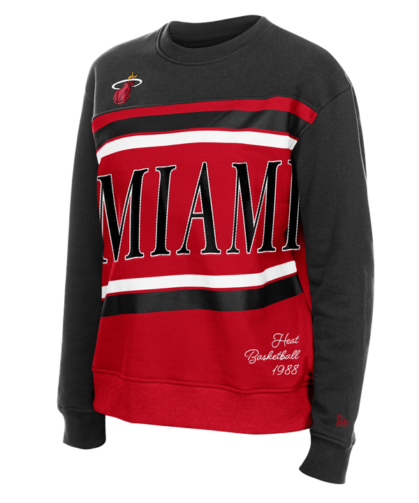 The New Era Miami HEAT Women's Color Block Crewneck features bold MIAMI text, team logo on the shoulder, white and red stripes, Heat Basketball 1988 embroidery, and a soft cotton-polyester blend for a standard fit.