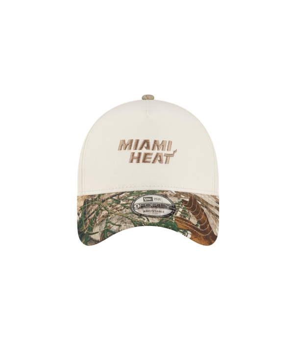 Court Culture x New Era Camo Brim Snapback: an off-white cotton baseball cap with Miami Heat embroidered on the front, a camouflage-patterned brim, and a one size fits most style.
