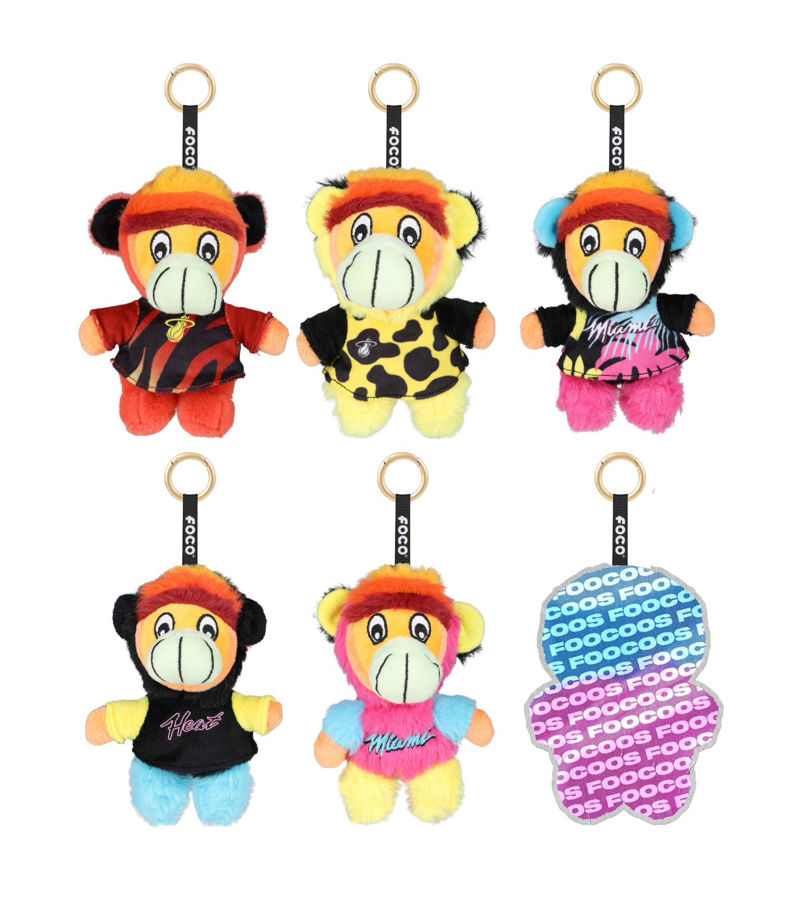 Five vibrant Forever Collectibles Foocoos plushie keychains—including the Miami HEAT Burnie edition—are showcased in two rows, with one keychain featuring its patterned FOCOS-branded back. Each Miami HEAT Burnie Foocoos Plushie Keychain Blind Box collectible boasts a unique combination of eye-catching colors and styles, making them perfect as bag charms or surprise collectibles.