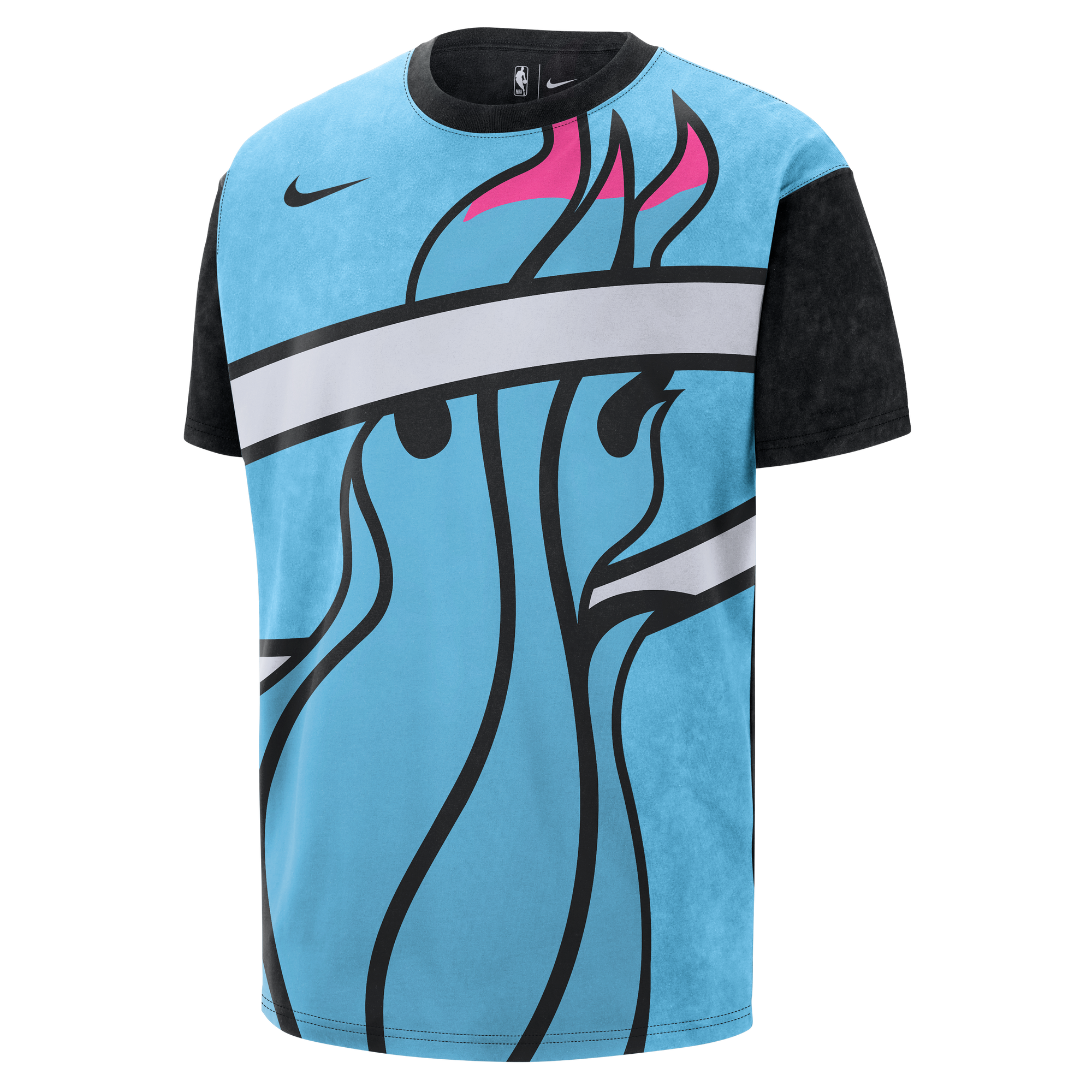 A black and blue Nike Miami HEAT Original Vice Nights Big Logo Tee, crafted from 100% cotton, features a bold stylized graphic across the front.