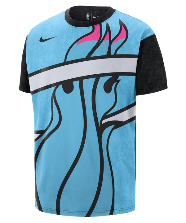 A black and blue Nike Miami HEAT Original Vice Nights Big Logo Tee, crafted from 100% cotton, features a bold stylized graphic across the front.