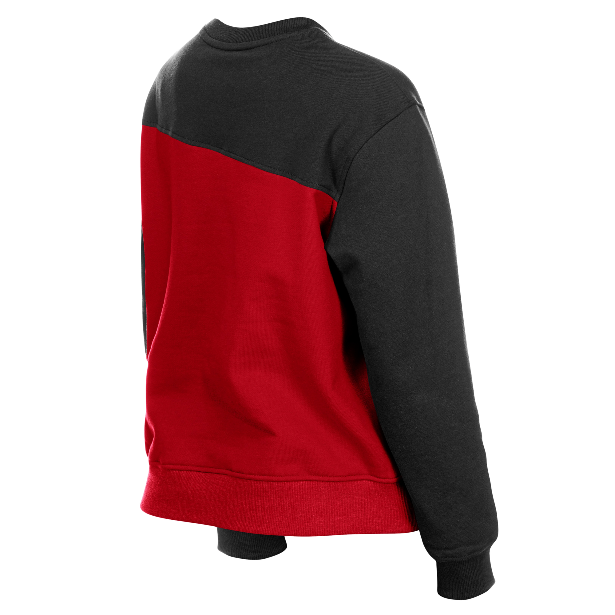 The New Era Miami HEAT Women's Color Block Crewneck features black sleeves and upper section, a red lower section, standard fit cotton-poly blend, and is machine washable. Shown from the back against a white background.