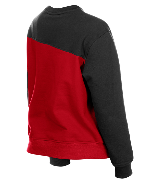 The New Era Miami HEAT Women's Color Block Crewneck features bold MIAMI text, team logo on the shoulder, white and red stripes, Heat Basketball 1988 embroidery, and a soft cotton-polyester blend for a standard fit.