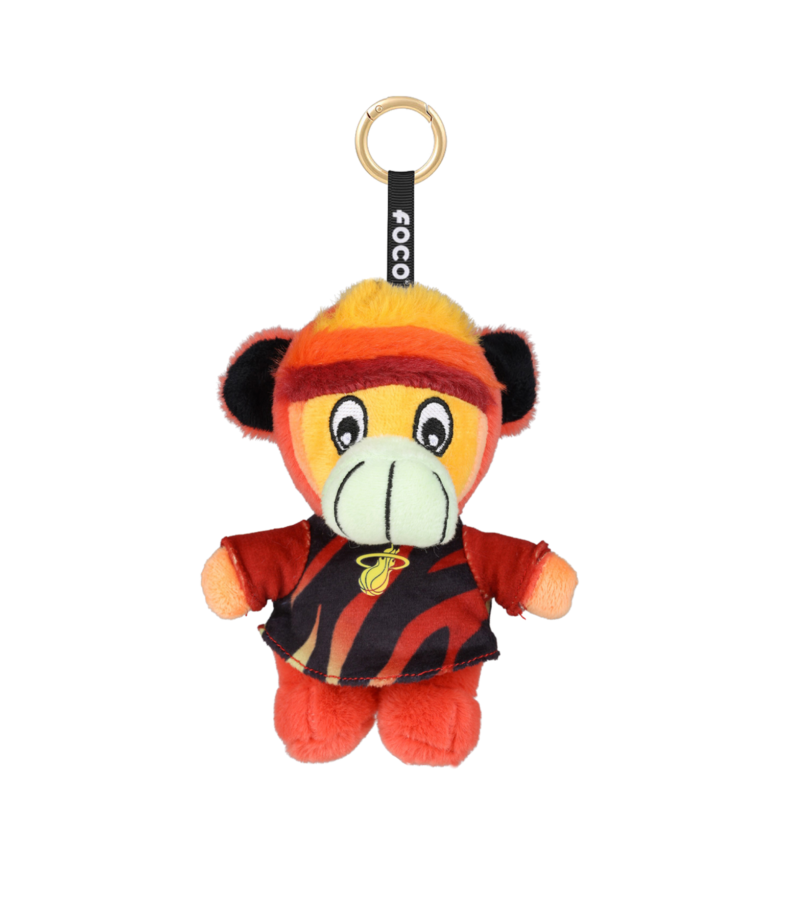 Forever Collectibles presents the Miami HEAT Burnie Foocoos Plushie Keychain Blind Box, featuring a plush monkey dressed in vibrant red, black, and yellow Miami Heat colors with the team logo. The keychain loop at the top makes it ideal as a bag charm for fans. Displayed on a white background.