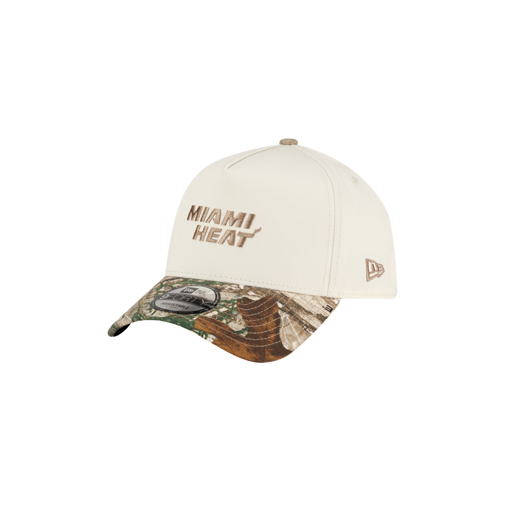Court Culture x New Era Camo Brim snapback hat in off-white cotton with a camouflage-patterned brim and the Miami Heat team name embroidered on the front; one size fits most.