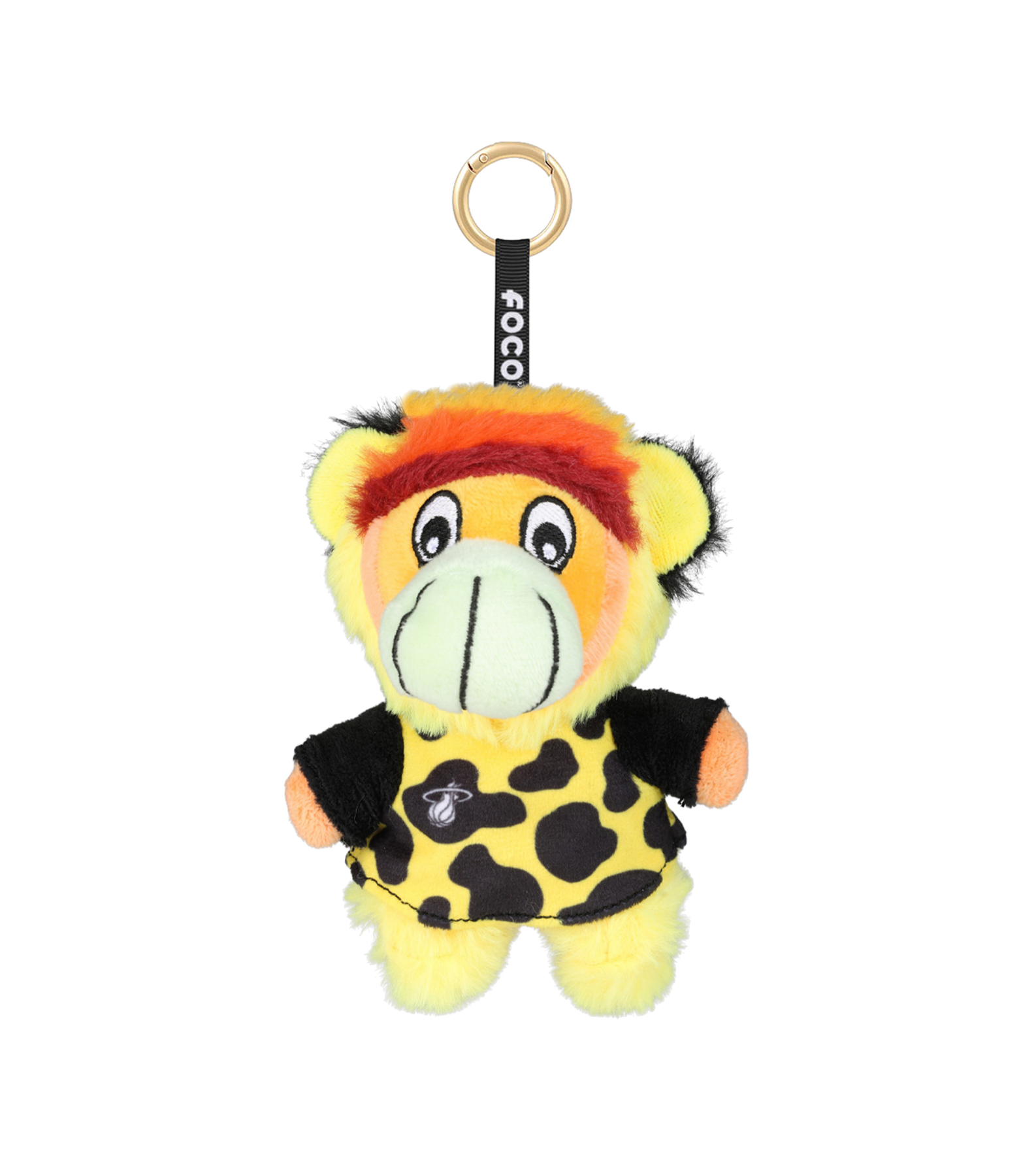 Add a playful touch to your bag or keychain collection with the Miami HEAT Burnie Foocoos Plushie Keychain Blind Box by Forever Collectibles—a charming keychain featuring a yellow and orange cartoon monkey in a yellow and black spotted shirt, complete with a black FOCO tag and gold keyring, perfect for Miami HEAT fans.