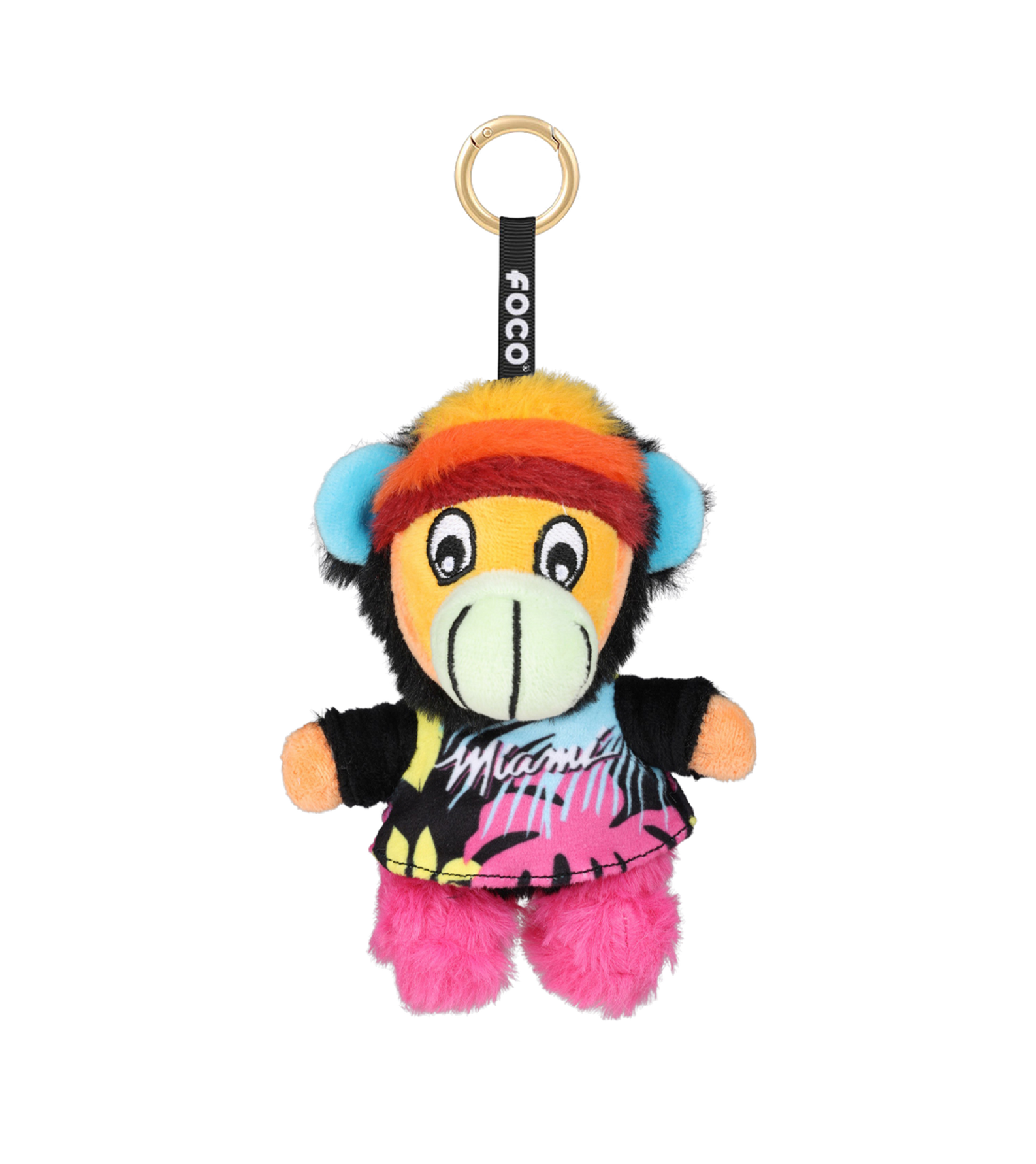 The Miami HEAT Burnie Foocoos Plushie Keychain Blind Box by Forever Collectibles features a vibrant plush Burnie character with blue ears, an orange face, a rainbow headband, a black and multicolored shirt, pink legs, and a gold keyring attached to its head—perfect as a bag charm or for adding to your blind box collectible collection.