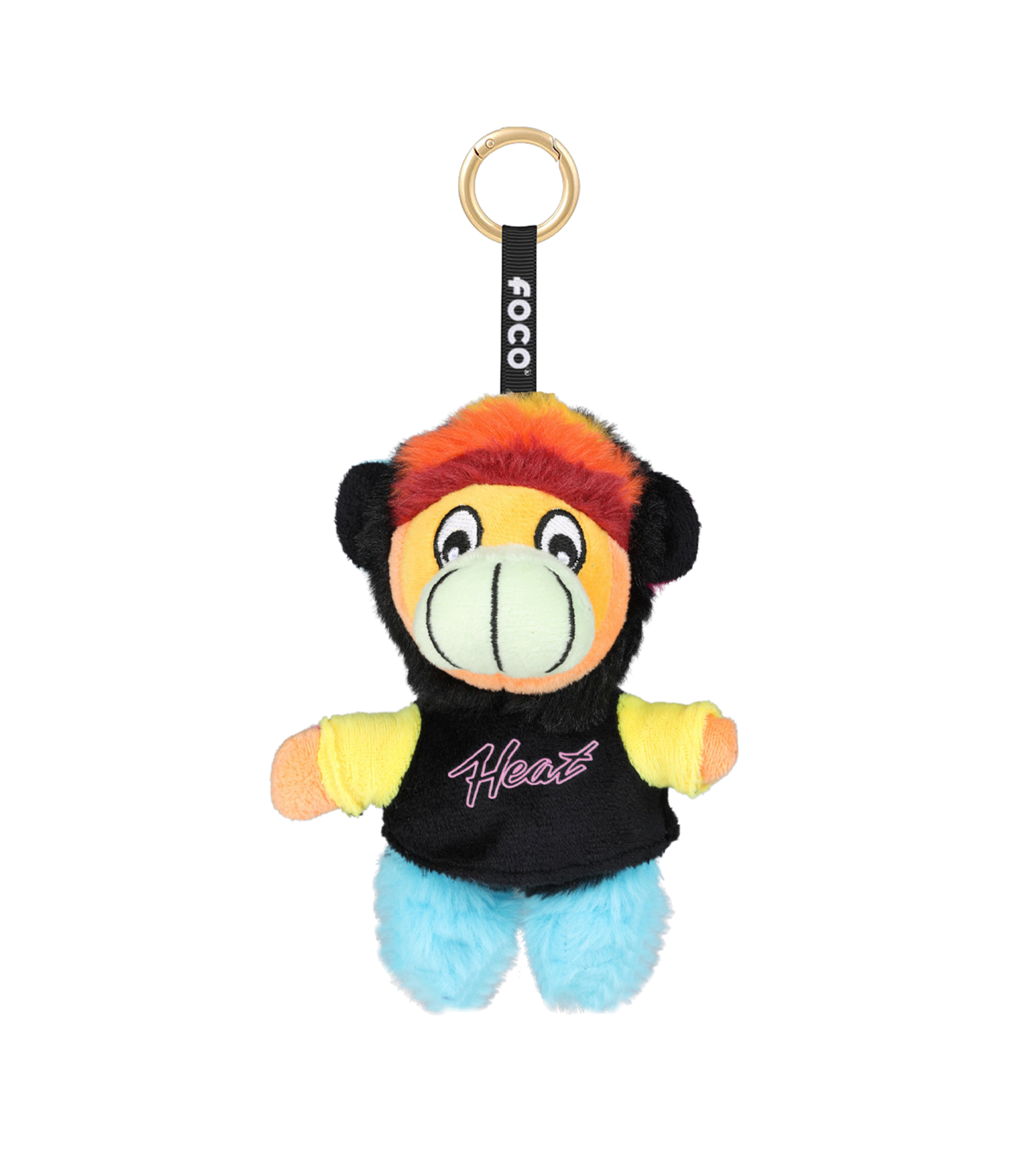 Introducing the Miami HEAT Burnie Foocoos Plushie Keychain Blind Box by Forever Collectibles! This adorable plush keychain features Burnie with black ears, vibrant red and orange fur, yellow arms, blue legs, and a black shirt printed with “Heat.” Complete with a gold keyring and a black strap labeled “COCO,” it makes an ideal bag charm for Miami HEAT fans and collectors.