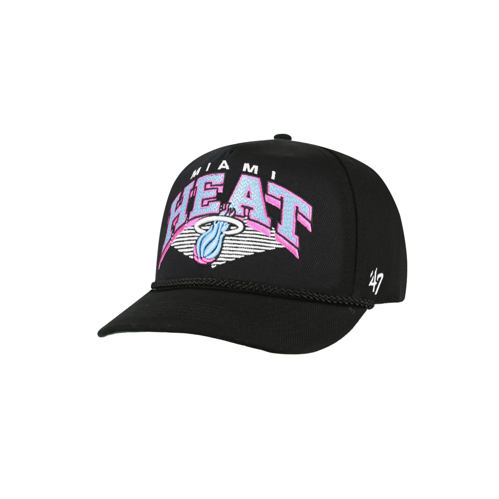 The '47 Brand Miami HEAT Original Vice Nights Hitch Snapback is a black cotton hat with bold pink and white team lettering, front logo, number 47 on the side, and an adjustable fit. One size fits most; spot clean for easy care.